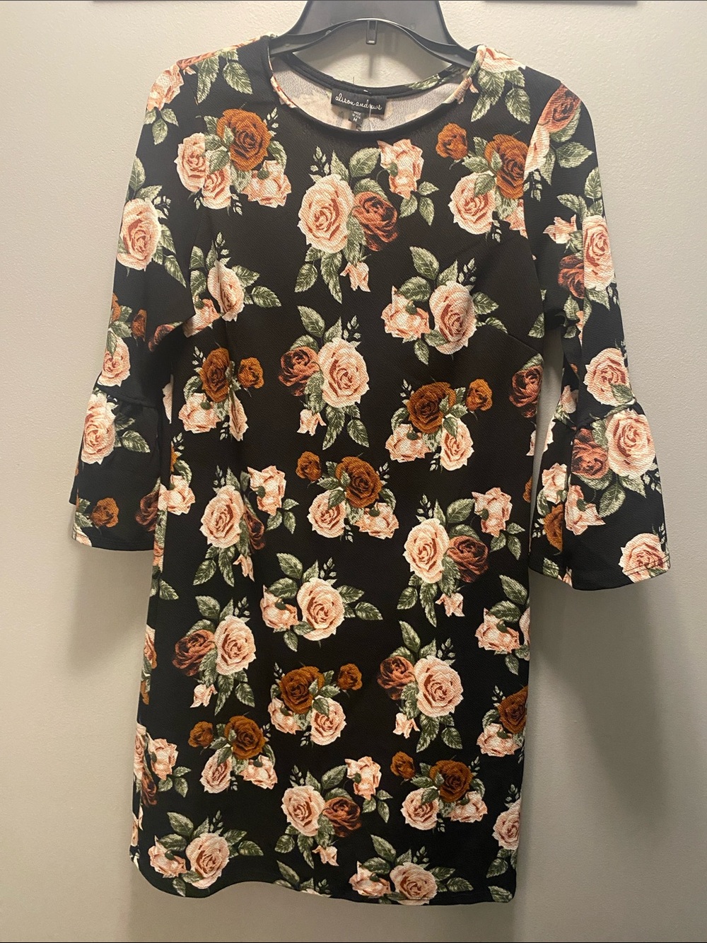Alison Andrews Black Floral Ruffle Sleeve
Shift Dress with Pink & Brown Roses